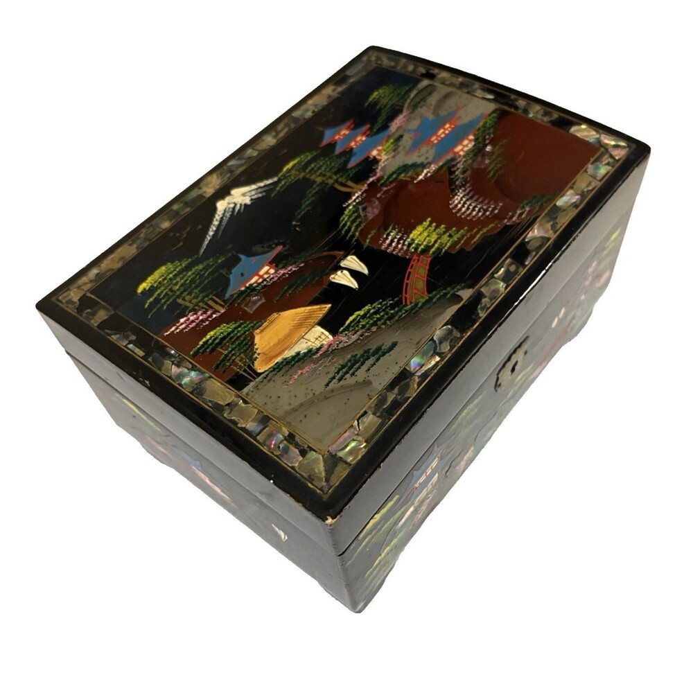Vintage Japanese Music Jewelry Box Black Lacquer Mt Fuji Inlayed Abalone